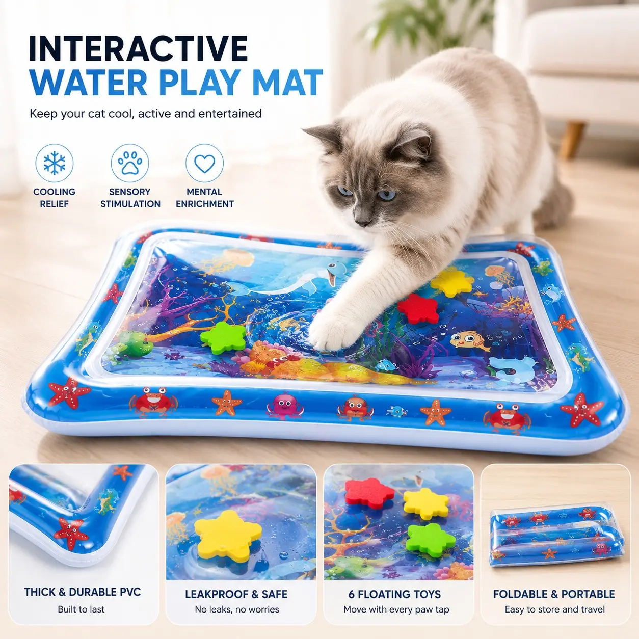Interactive Cooling Cat Water Play Mat for Indoor Cats, Sensory Floating Toy Pad, Thick PVC Scratch Resistant Activity Mat, Foldable Pet Cooling Pad