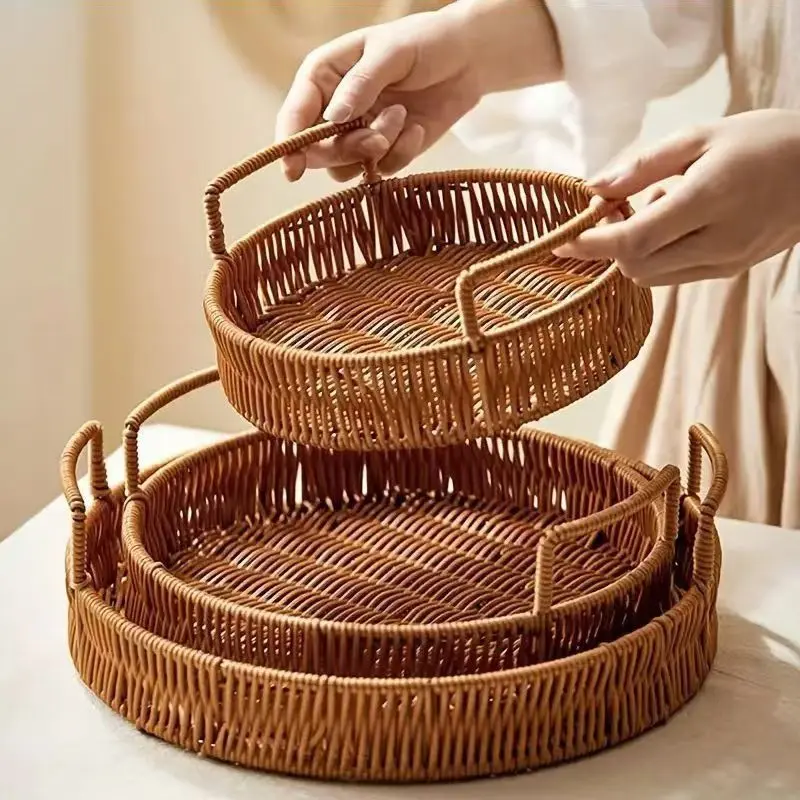 3-Piece Woven Storage Basket Set, Home Storage Supplies, Imitation Rattan Design, Desktop Snack Tray, Fruit Holder, Afternoon Tea Organizer, Woven Baskets