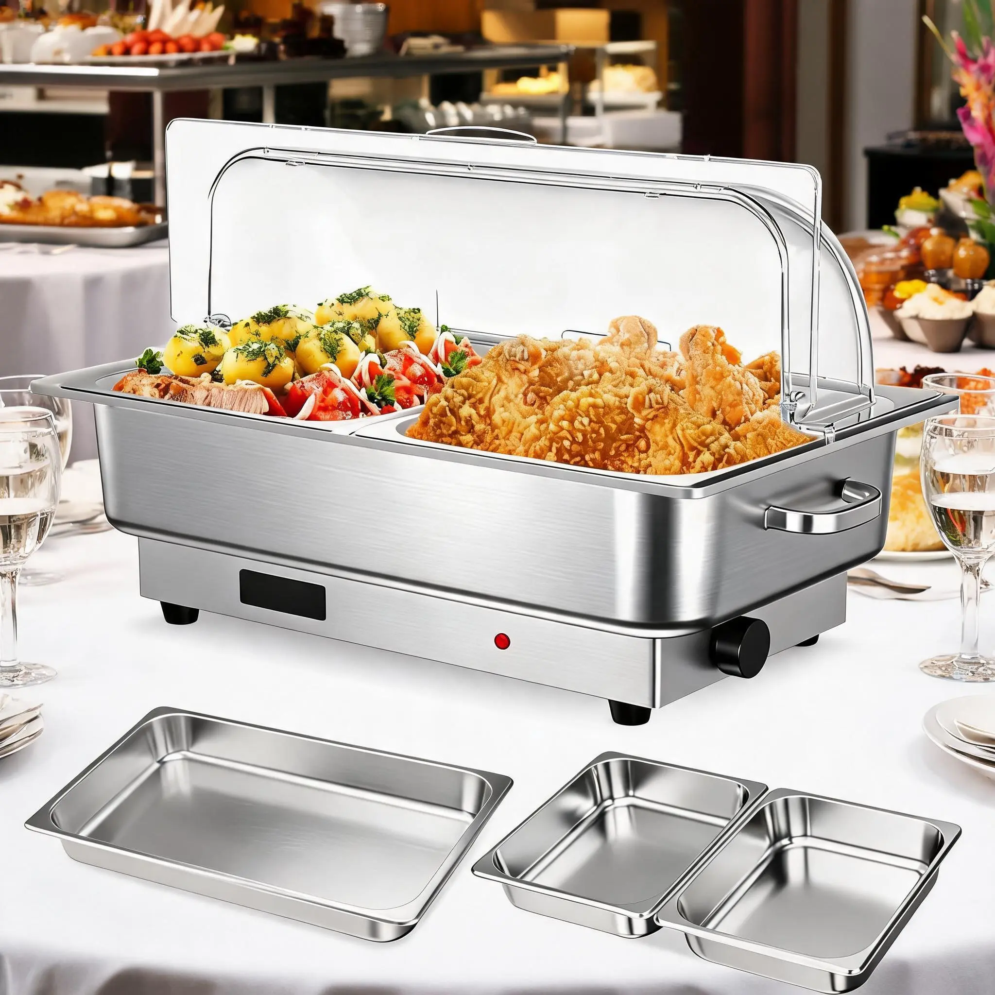 【Garvee】600W Electric Hot Plate, Stainless Steel Pot with Polycarbonate Roll-Top Lid, Food Warmer for Buffets, Banquets & Restaurants