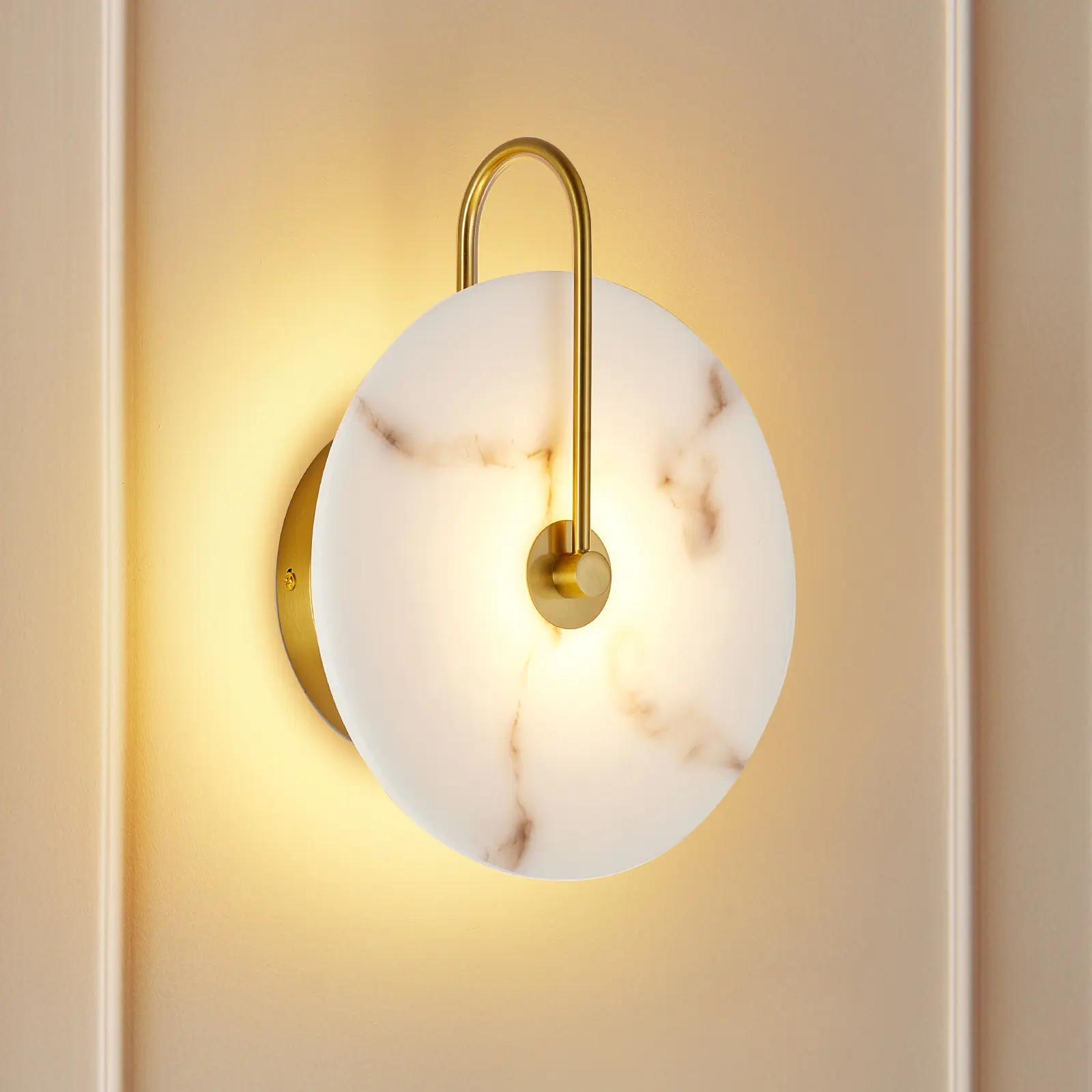 Nokaa Round Alabaster Wall Sconce, Natural Marble Lampshade, Hardwired Circular LED Modern Wall Lamp for Bedroom, Stairs, Living Room, Hallway, 9.8 Inch, Gold Finish, Iron Mount, Multiple Options Available