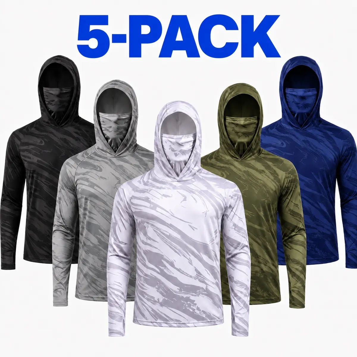 Men's 5-Pack Camo Sun Protection Hoodies with Built-In Face Mask, UPF 50+ UV Protection, Long Sleeve, Quick-Dry, Moisture-Wicking Fishing Shirts for Hiking, Hunting, Outdoor Activities