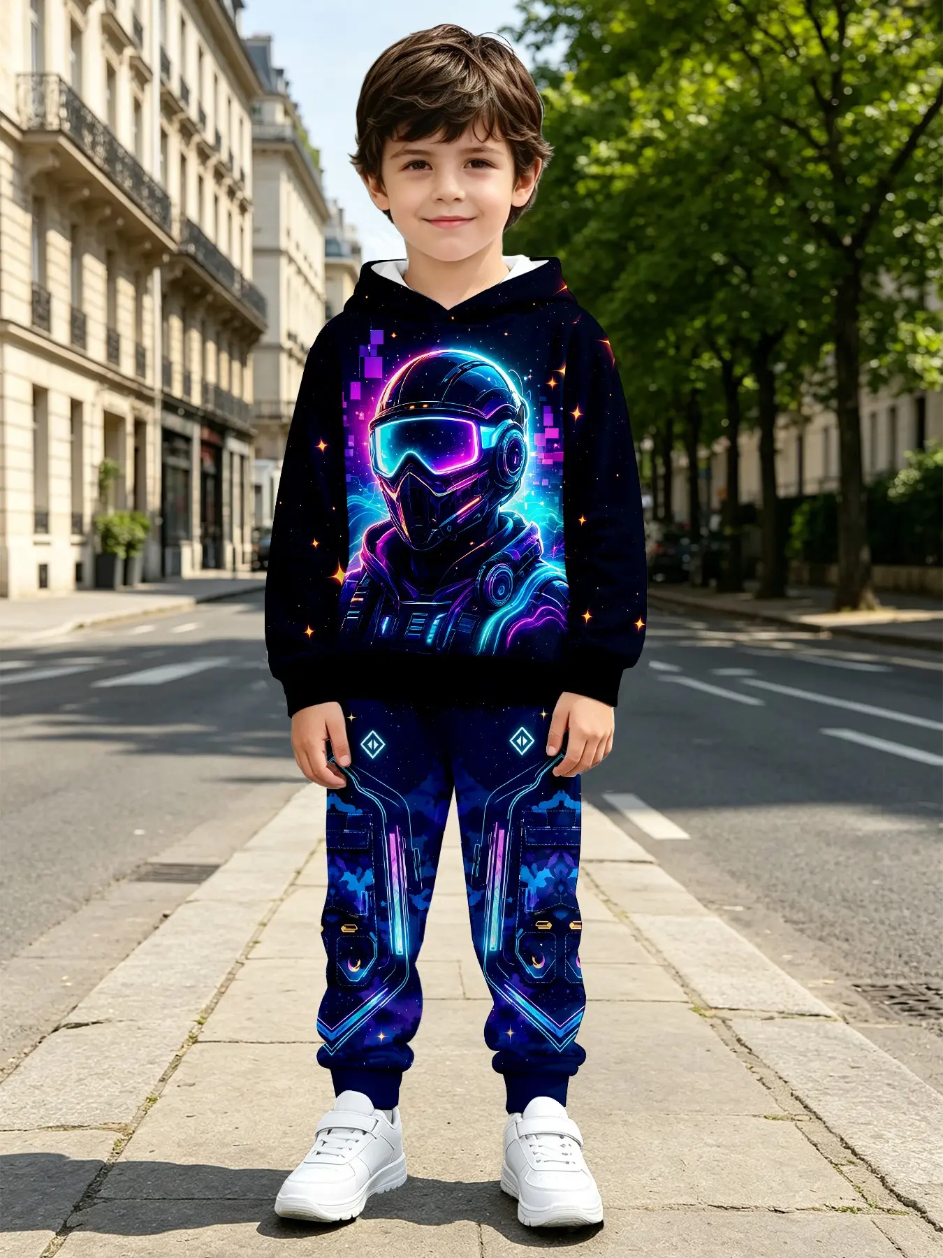 Unisex Neon Mech Full Print Hoodie Set, Long Sleeve Loose Fit Sweatpants, Cyberpunk Style Two-Piece, Fall & Winter Casual Wear