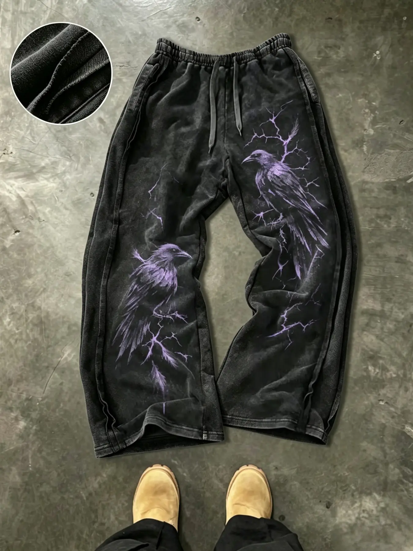 Men's Washed Wide-Leg Sweatpants, Dark Gothic Raven Thorns Print, Vintage Distressed Fabric, Drawstring Loose Fit, Streetwear Long Pants