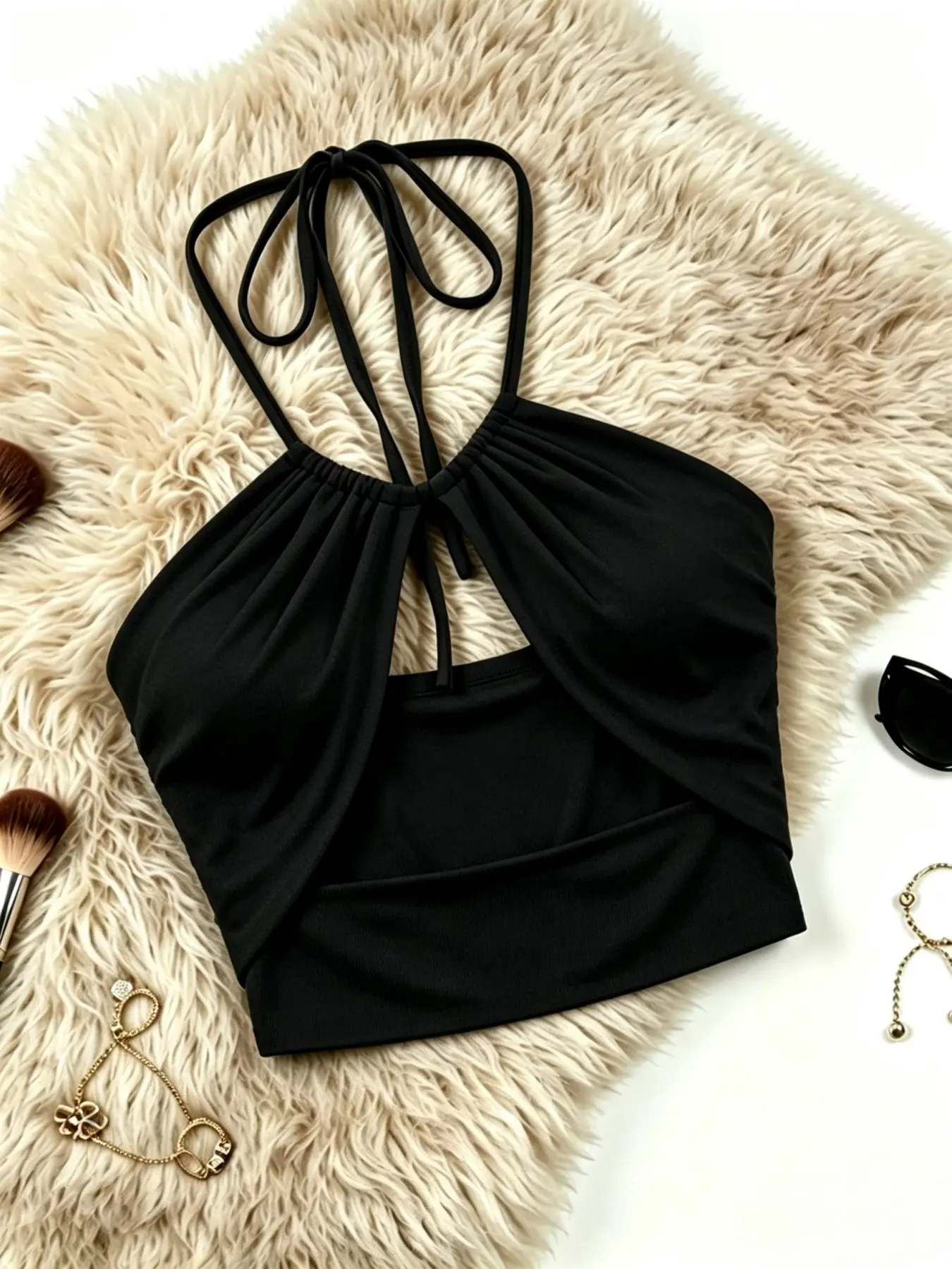 Design Sensational Layered Halter Neck Tank Top, Tie-Band Slim Fit Short Shirt, Sexy Pure Desire Style Strappy Camisole