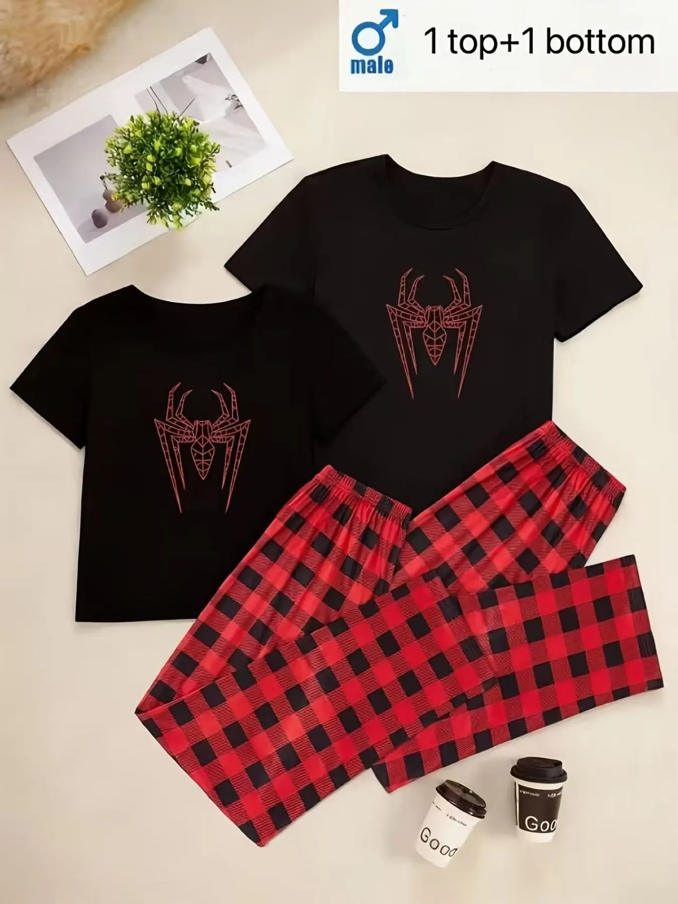 [men/women] Couple Style Pajama Set, Loungewear, Spider Print Valentine Short Sleeve Long Pants, 1 Top + 1 Bottom, Suitable for Cool Weather