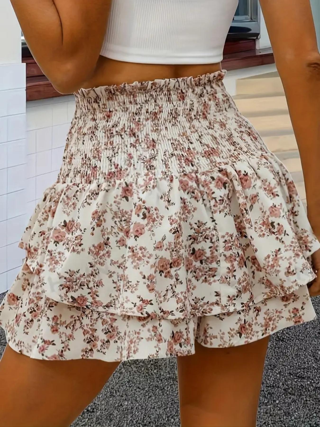 Women's Floral Print Woven Fabric Frill Trim Shirred Tiered Layer Shorts, Casual Lightweight Loose High Waist Tie Front Drawstring Wide Leg Shorts for Spring & Fall, Women's Bottoms for Daily Wear, 1 Piece Womenswear