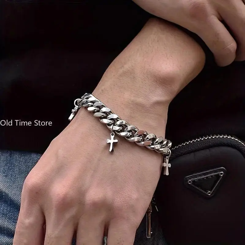 Stainless Steel Cross Pendant Bracelet for Men Women Cuban Chain Punk Hiphop Male Waterproof Jewelry Accessories Gifts Wholesale