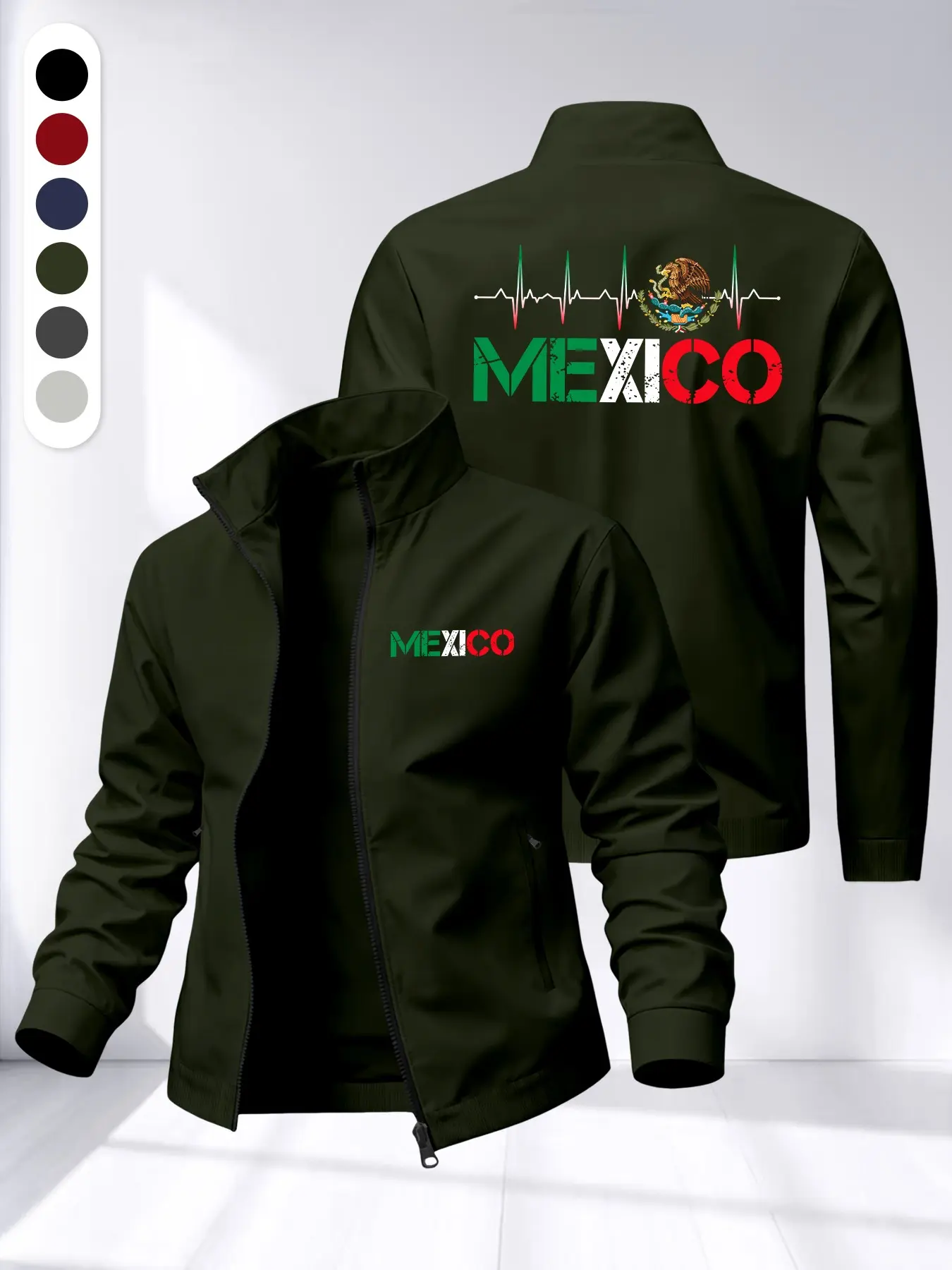 Mexican Flag Letter Men's Stand Collar Casual Fashionable Jacket, Ethnic Eagle Ecg Print Zipper Cardigan, Six Colors, High-Quality Anti-Pilling Top