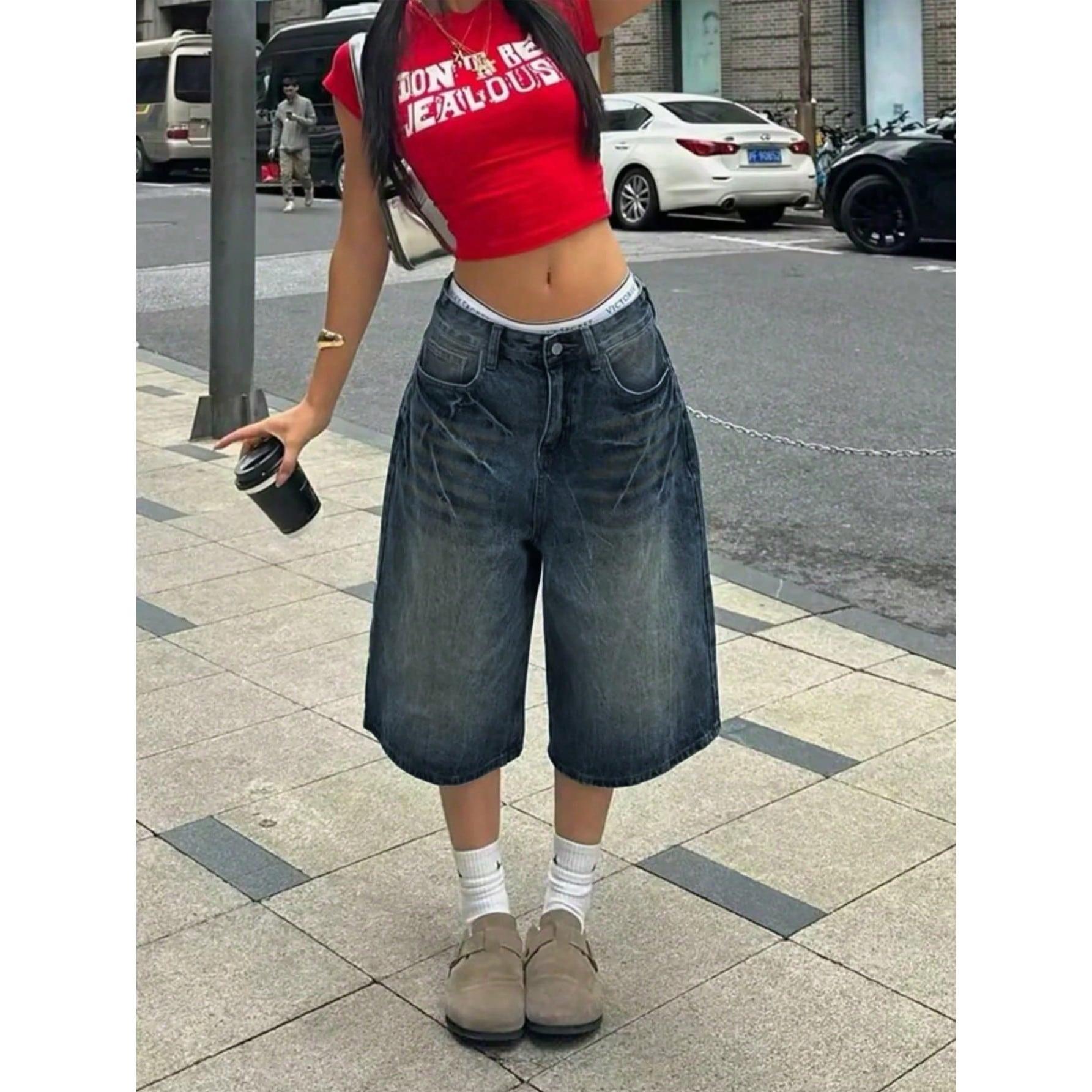 Vintage Washed Cat Whisker Pocket Wide Leg Bermuda Denim Shorts Casual Capri Music Festival