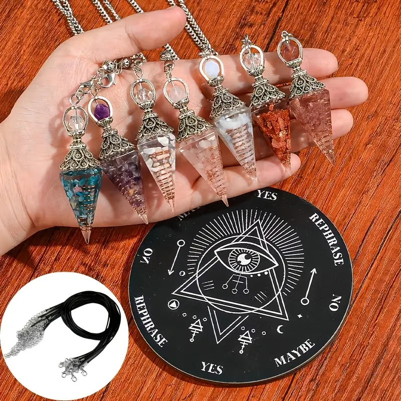 Set of 11 Items (5 Sets) Featuring Natural Stone Pendulums Accompanied by Black Necklaces And a Wooden Spirit Board. These Handcrafted Tools Come with Crystal Pendants, Making Them Perfect Halloween Gifts