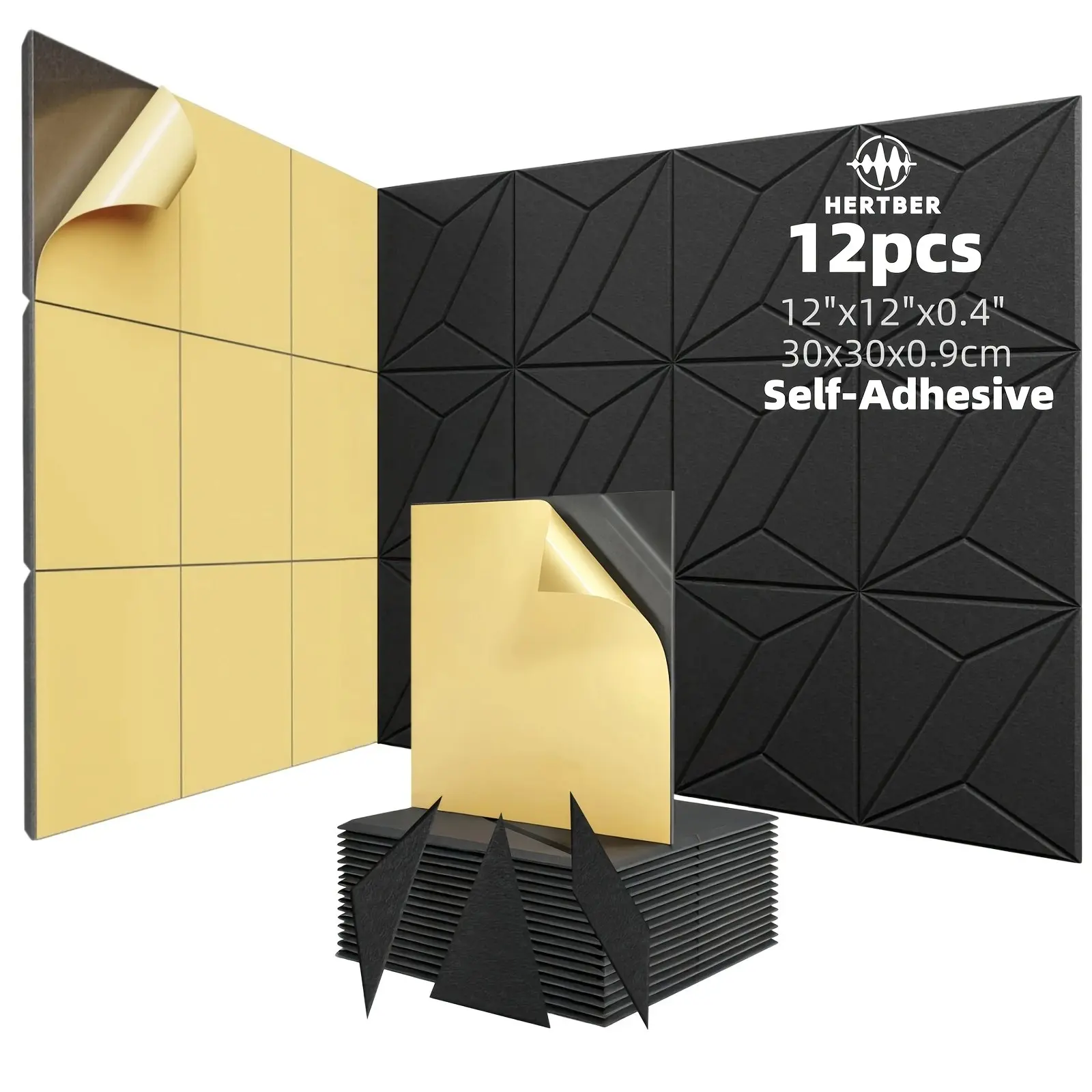 12Pcs HERTBER Self-adhesive Acoustic Panels 30×30×0.9cm High Density Polyester Sound Absorbing Board Black White Grey, Easy Install DIY Stick on Wall Panels for Guitar Piano Studio Cinema Game Room Home Office Bedroom Decor
