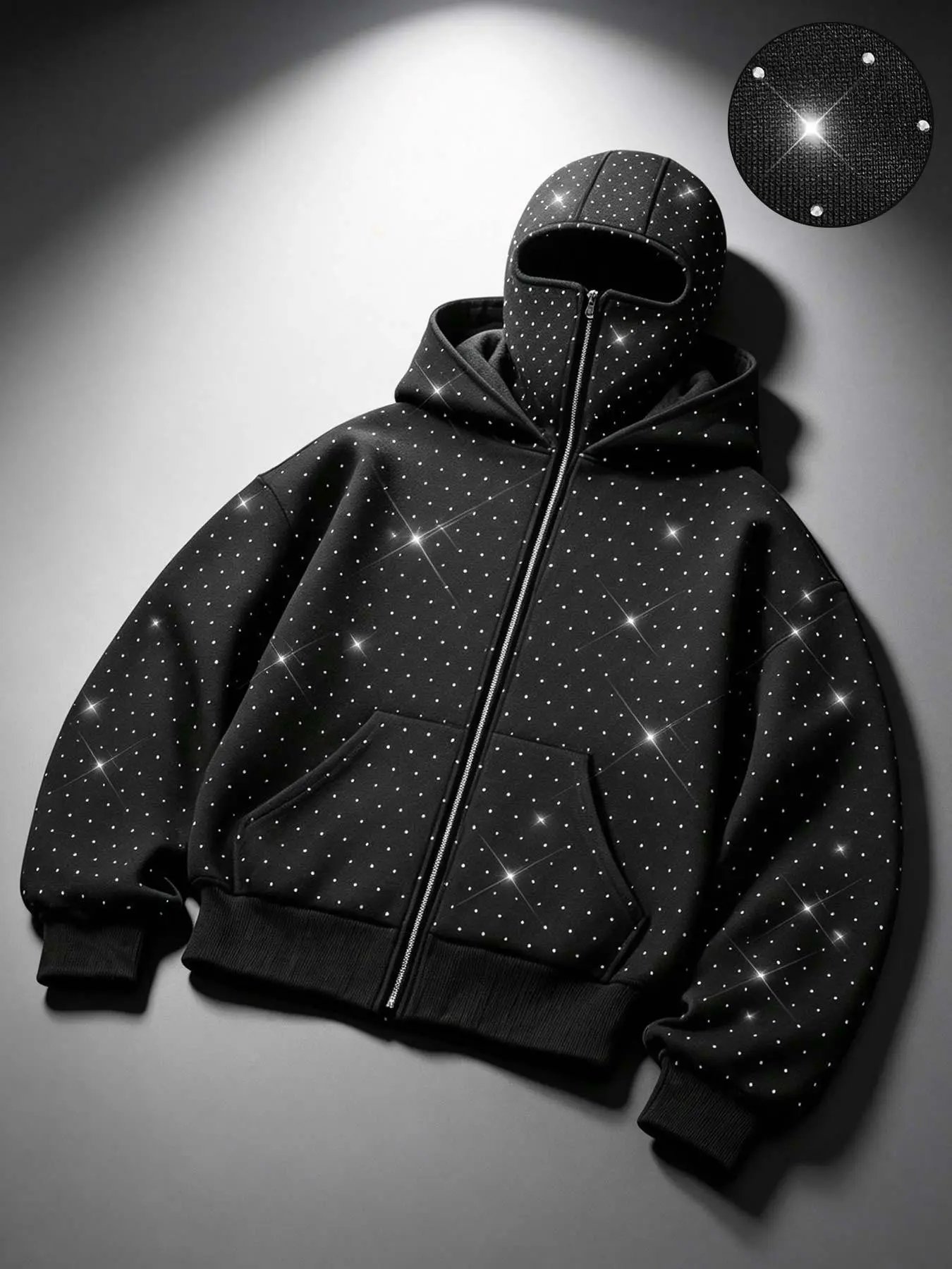 Men's Rhinestone Balaclava Zip-Up Hoodie Long Sleeve, Unisex Y2K Streetwear, Loose-Fit Fall & Winter Jacket, Trendy Hip-Hop Top