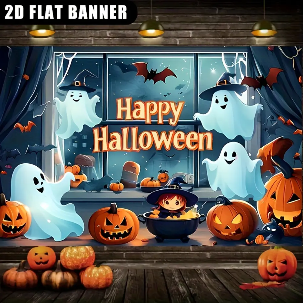 2D Flat Happy Halloween Polyester Photography Backdrop, HD Digitally Printed, Soft, Lightweight, Foldable Background Cloth for Halloween Parties, Event Photos, Indoor Use