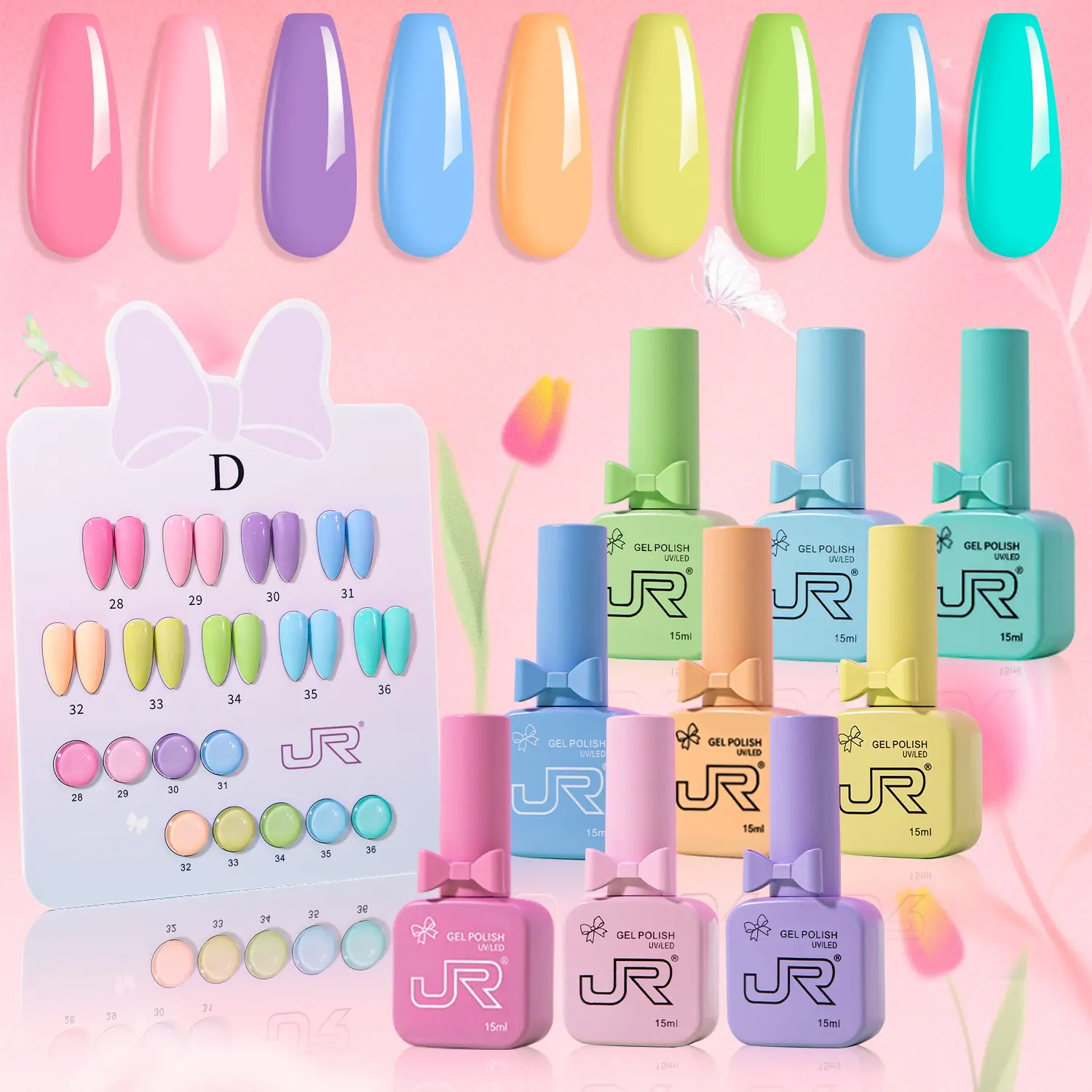 JR 126 colors gel nail polish 15ml 9pcs Bows and ribbons filled bottle set Soak Off UV LED gifts for gir
