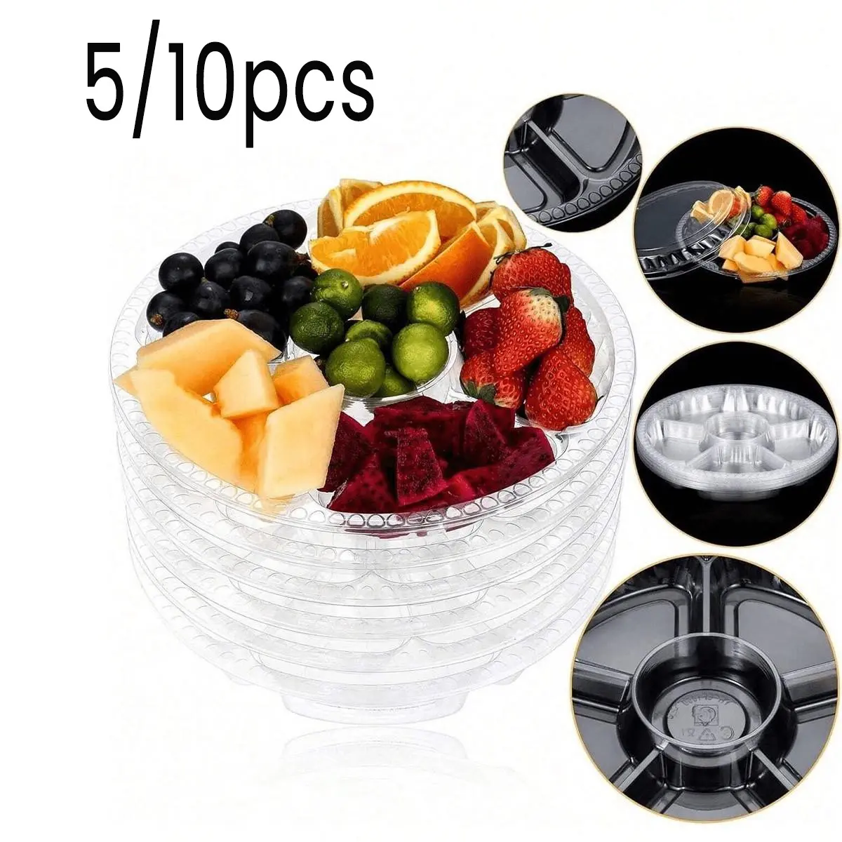 5/10 Pack Round Plastic Trays with Lid, Divided Meal Tray, Six Compartment Food Container, 100 Plastic Forks, Ideal for Fruits, Vegetables, Snacks