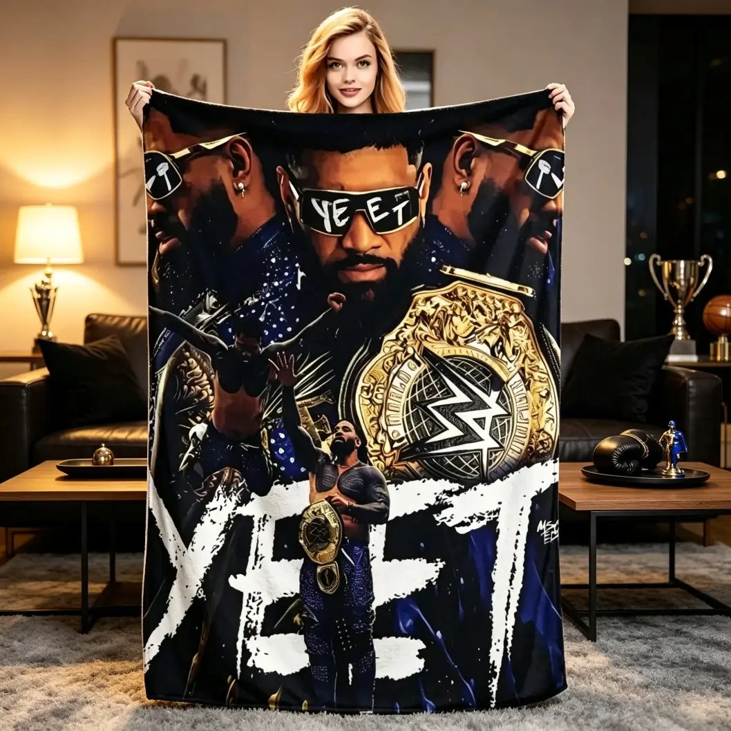 Jey Uso YEET WWE Champion Collage Flannel Blanket, Iconic Wrestling Design Soft Throw Blanket for Fans, Cozy Warm Lightweight Blanket for Sofa Bed Bedroom Office, Kids & Adults Gift