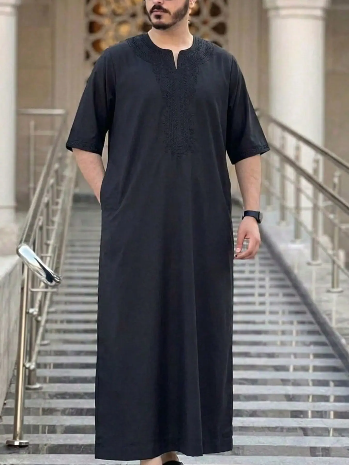 New Muslim Men's Short Sleeve Embroidered Moroccan Style Arab Robe, Ideal for Daily Wear and Gift, Traditional Jelleba Clothing, Traditional Arabic Robe