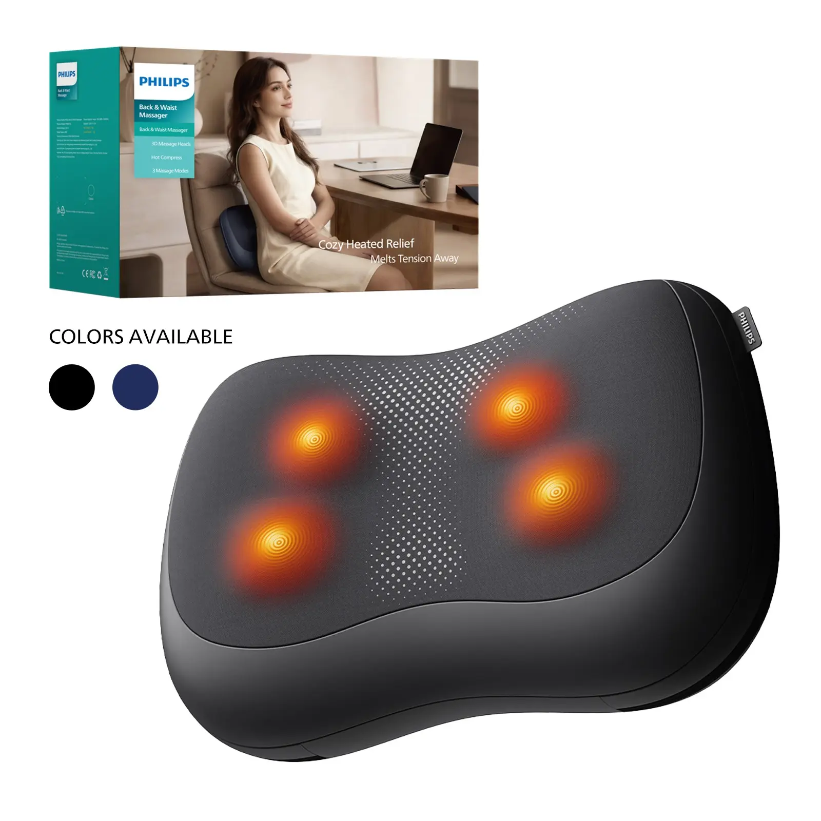 PHILIPS Neck and Back Massager with Heat, 3D Shiatsu Kneading Massage Pillow, 4 Massage Nodes, Bi-Directional Deep Tissue Massage for Neck, Shoulder & Back, Perfect Gift for Family, Portable for Daily Use at Home & Office