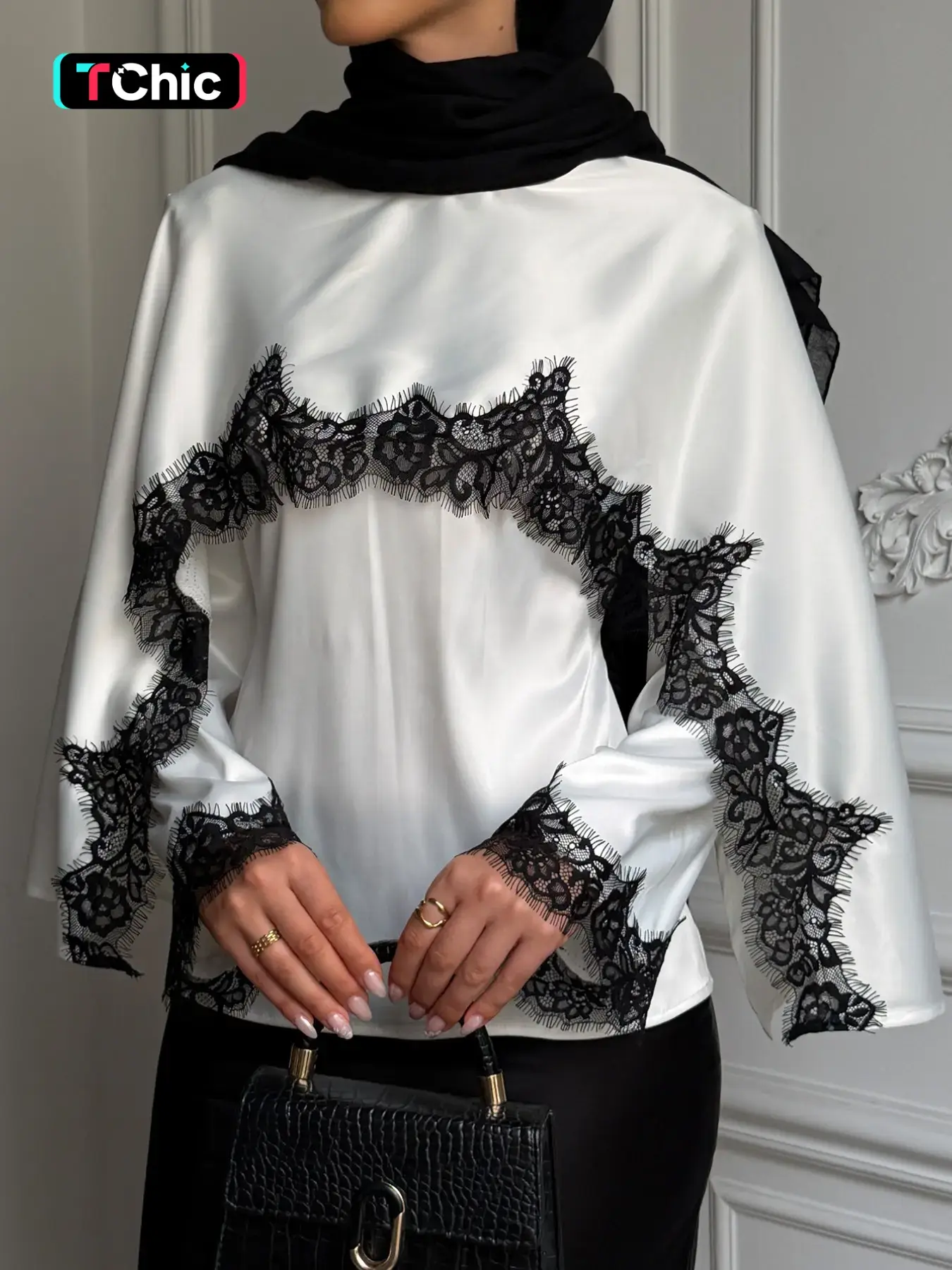 White Satin Lace Trim All Seasons Shirts Blouse Women Contrast Black Floral Eyelash Lace Long Sleeve Loose Fit Modest Elegant Top Luxury Silk Look Muslim Fashion Office Lady Chic Formal Blouse