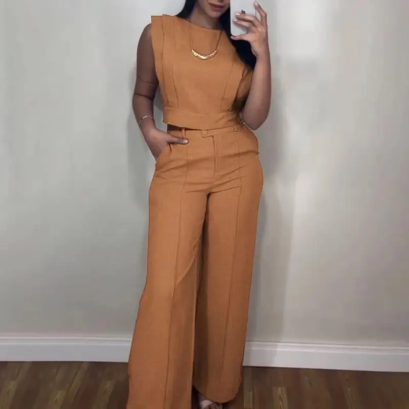 Women's 2 Pieces Round Neck Cap Sleeve Crop Top and Casual Pocket Design Straight Pants Set/Women's Crop Top and Pocket Pants Set