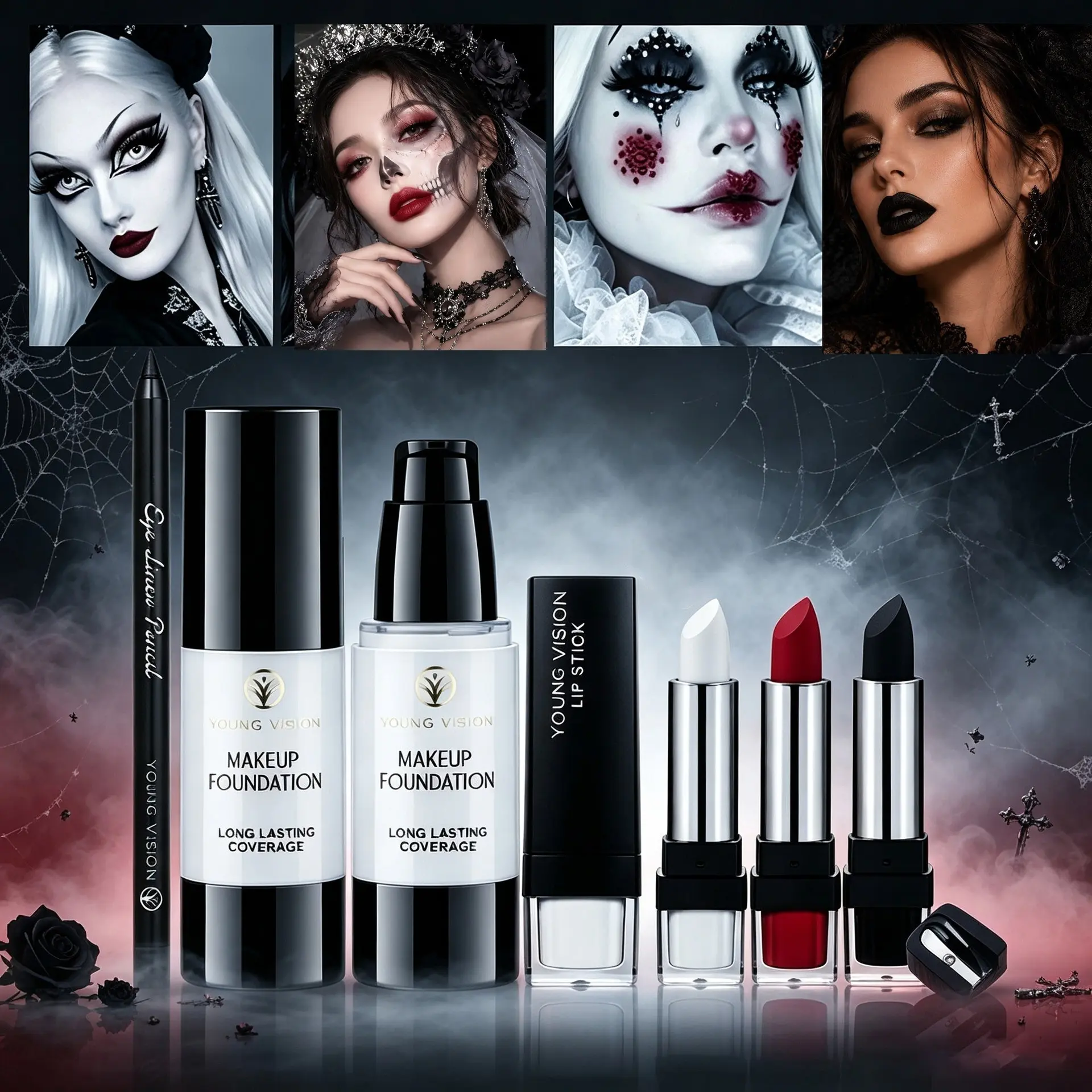 YOUNG VISION Halloween Full Face Makeup Set, Rich Colors, Bold Coverage, Perfect for Cosplay Parties, Creative Stage Makeup Kit