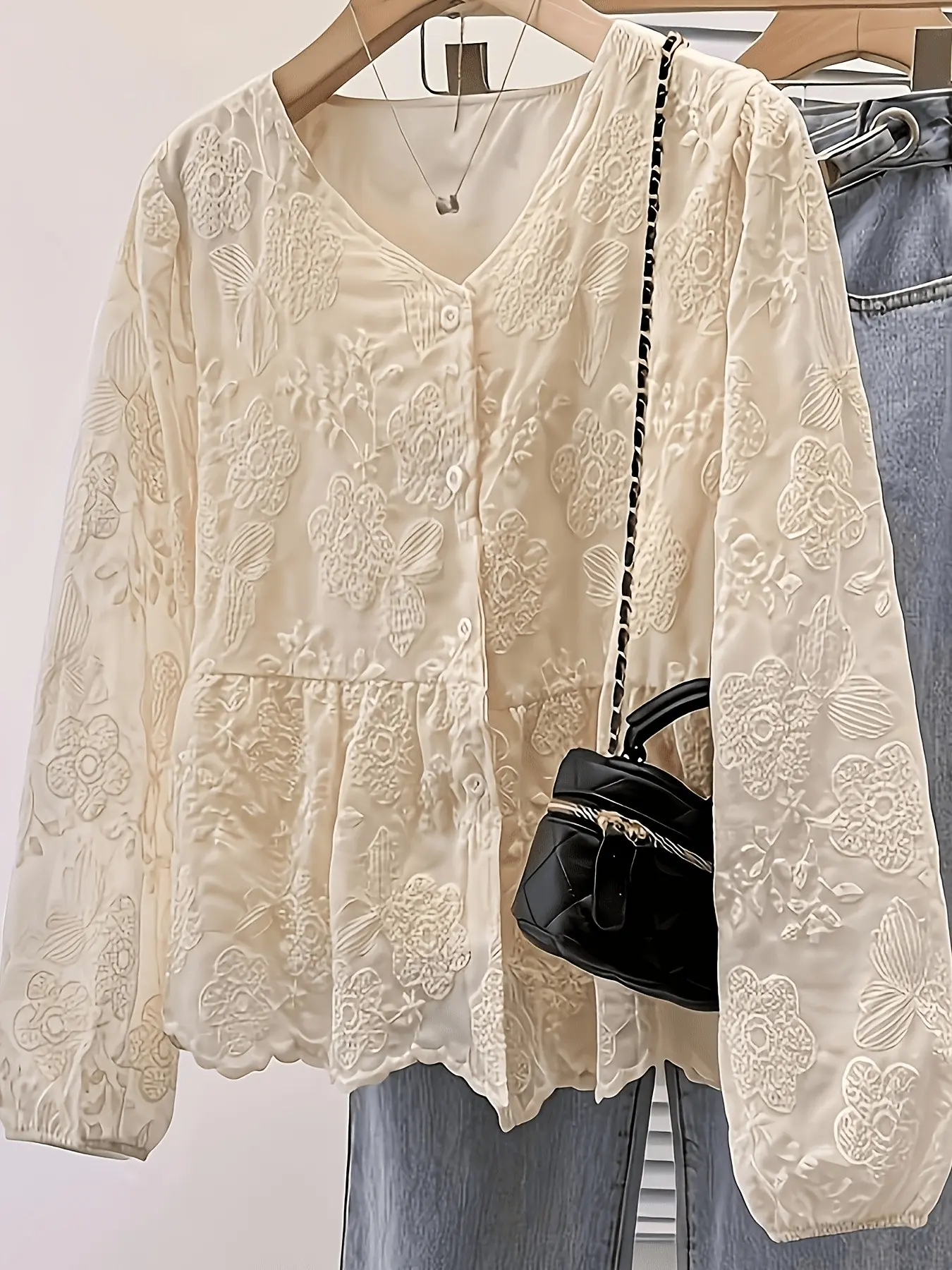 Embroidered Lace V-Neck Button-Front Long Sleeve Shirt for Women, Stylish Lantern Sleeve Top, Unique Design Fashionable Upper Garment