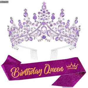 Baroque Rhinestone Birthday Queen Accessory Set – Shiny Crown Tiara, Fashion Headband & Sash with Pin, Comfortable & Elegant Decorations for Birthday Parties, Bridal Showers, Bachelorette, Special Events