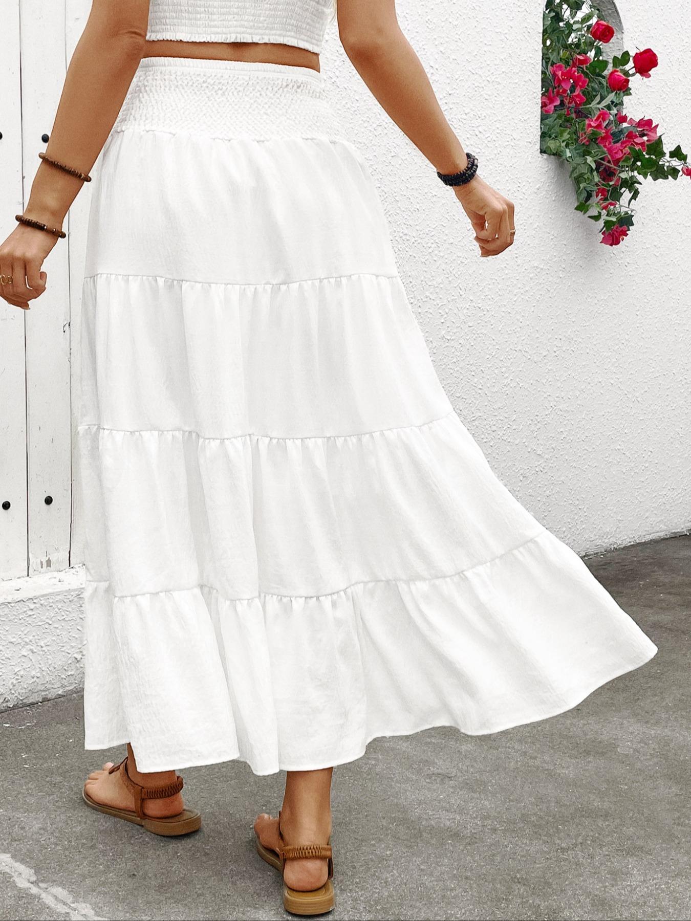 Women's Plain Boho Style High Waist A-Line Skirt, Woven Elasticity Loose-Fitting Long Dress with Adjustable Drawstring Design, Casual Fashion for All Seasons