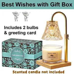 Chic High-End Gold Diamond Grid Glass Candle Warmer Lamp Timer Adjustable Height Safe Flameless Natural Wood Base Mom Birthday Holiday Gift