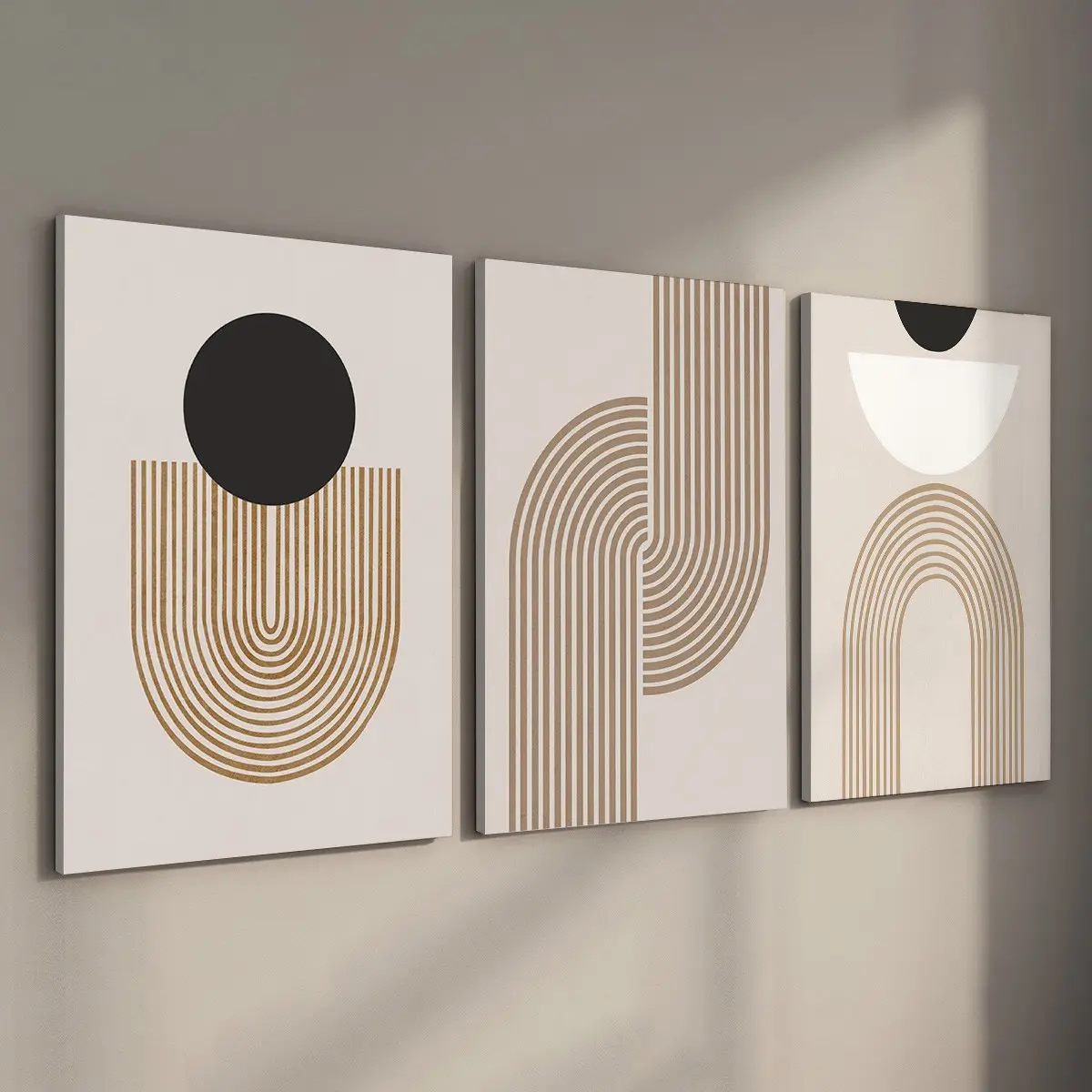 3pcs Set BOHO Geometric Pattern Design Abstract Canvas Wall Art, Stretched Framed Ready to Hang Prints, Modern Minimalist Decor for Living Room and Bedroom, High-Quality Decorative Paintings for Office (Internal Wood Frame Included)
