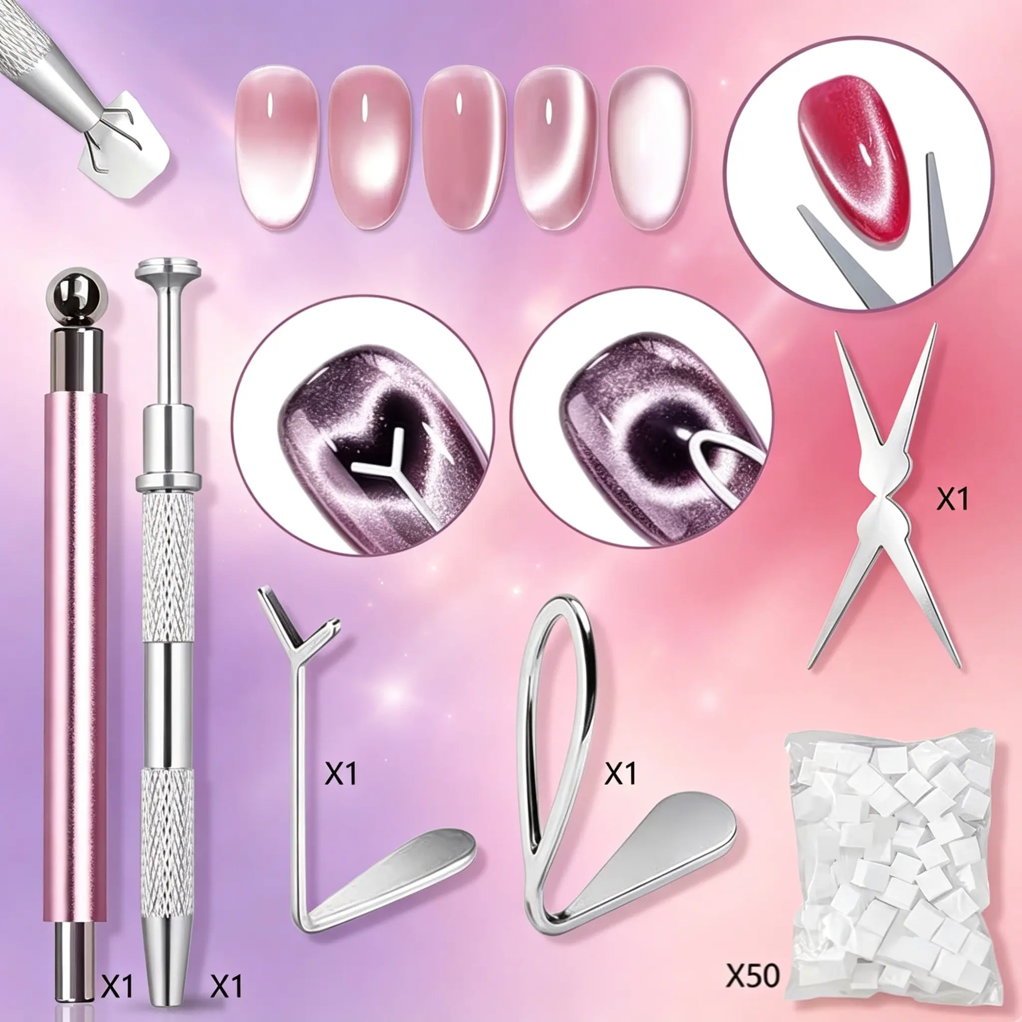 6pcs/set Cat'S Eye Magnetic Nail Enhancement Kit, 3D Cat'S Eye Gel Nail Polish Magnetic Pen with 50pcs of Sponge Patting Glue, Sponge Grab Clip And 3 Magnetic Nail Templates, Professional Nail Enhancement Manual Kit, Nail Art Kits