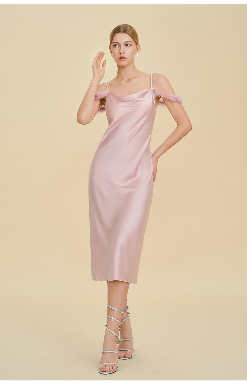 Sexy nightgown with straps, Russian cross-border one-shoulder dress, faux acetate nightgown, light luxury bridesmaid gift, strap dress, sexy off-shoulder feather-trimmed satin long dress, spicy girl style slim-fit bodycon dress