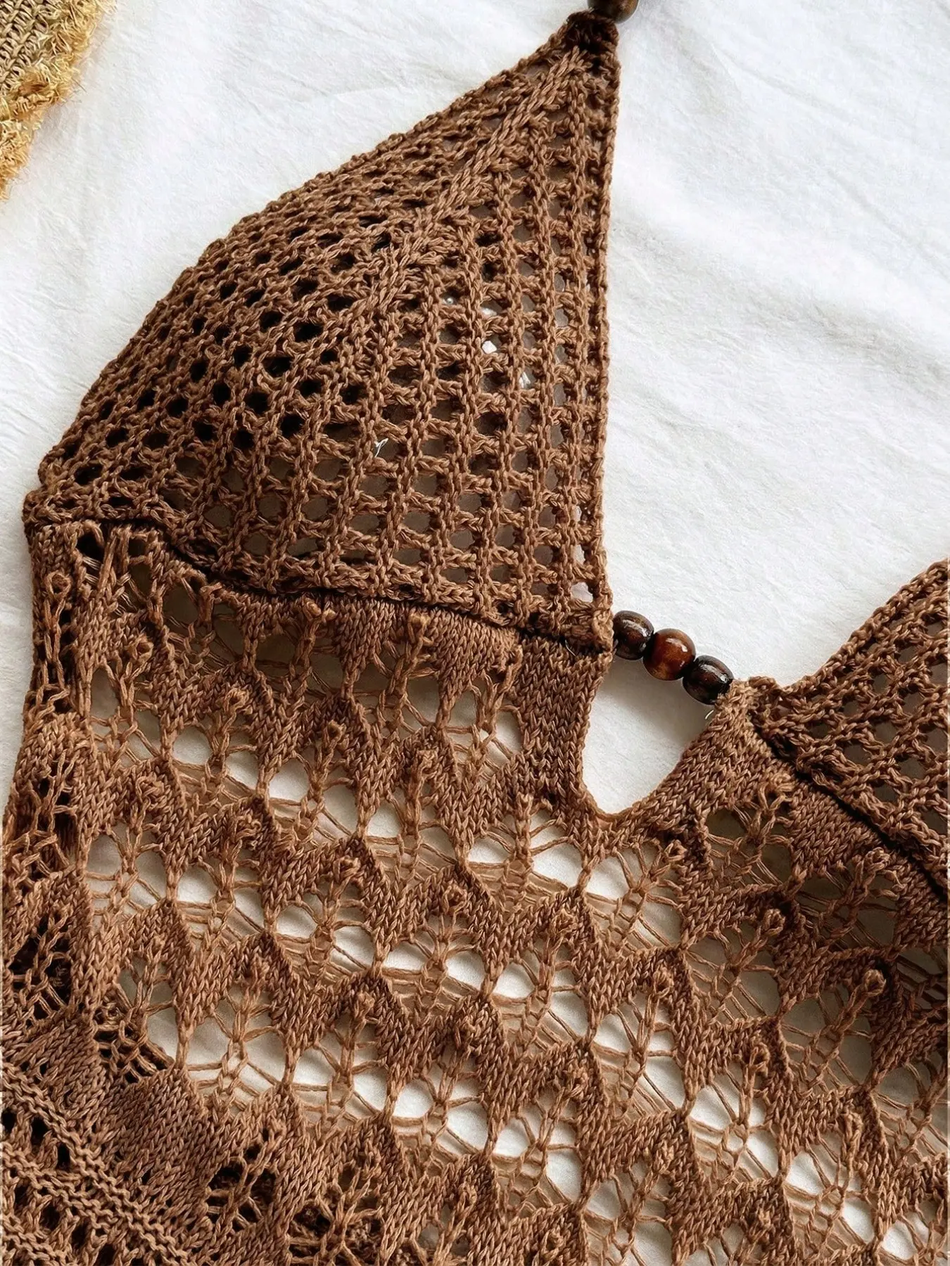 Hollow Out Crochet Halter Bodycon Midi Dress Women Summer Beach Outfit Deep V Beaded Tie Back Sleeveless Slim Knit Dress For Seaside Trip Pool Party Tropical Resort Boho Holiday Daily Club Streetwear Boho Style Dress