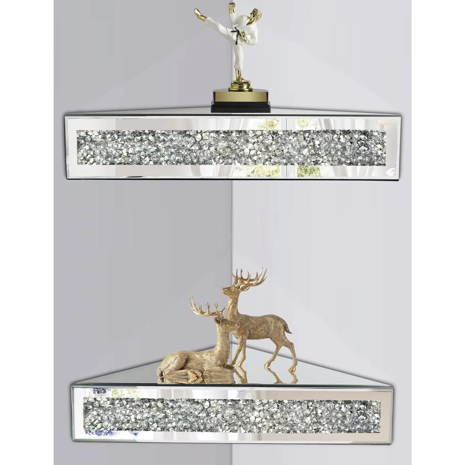 Mirrored Floating Corner Shelf Set of 2 - Silver Mirror Crushed Diamond Decorative Wall Shelf, Crystal Diamond Wall Art Decor Accent Showcase for Home Decoration, 11.8"L*11.8"W*3.1"H