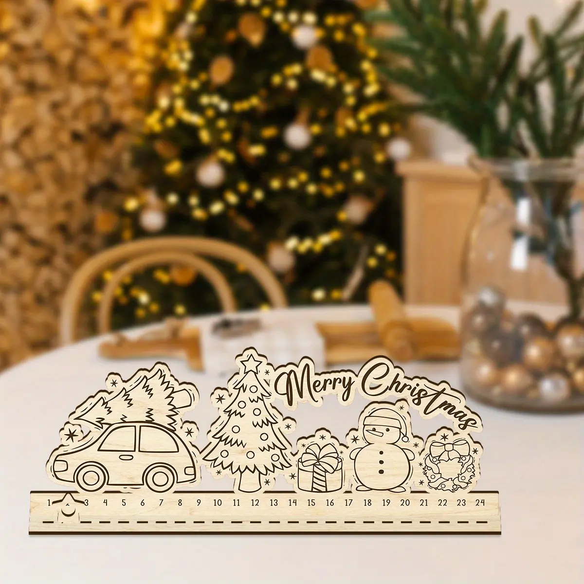 Large Irregular Shaped Boho Style 2D Flat 3D Imitation Wood Christmas Advent Calendar House, With 24 Removable Doors, Santa & Snowman Pattern Numbered 1-24 Tabletop Countdown Ornament, Festive Home Christmas Display Decoration