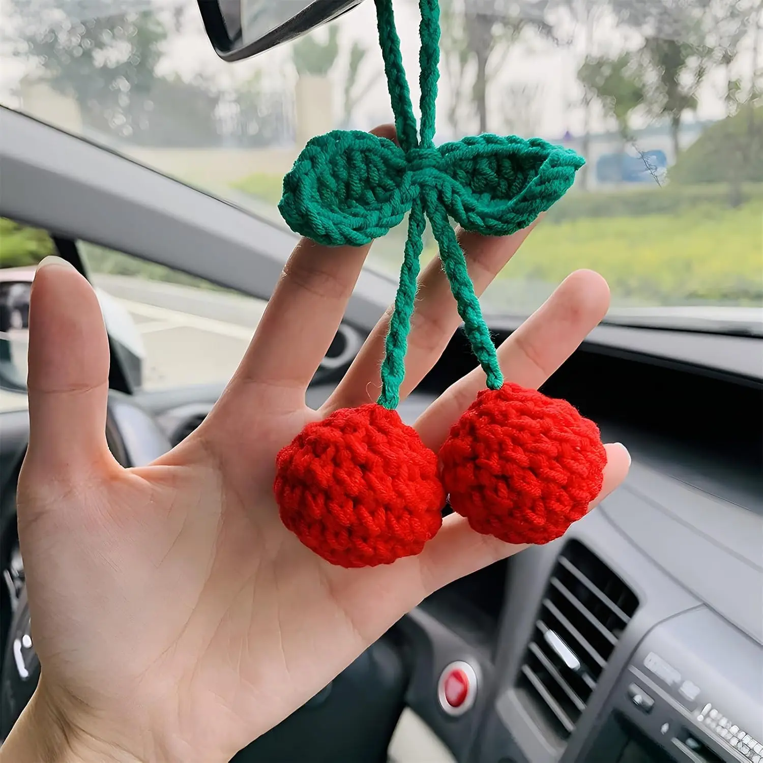 Cute Cherry  Mirror Hanger - Crochet Hand Knitted Rear View Mirror Accessory