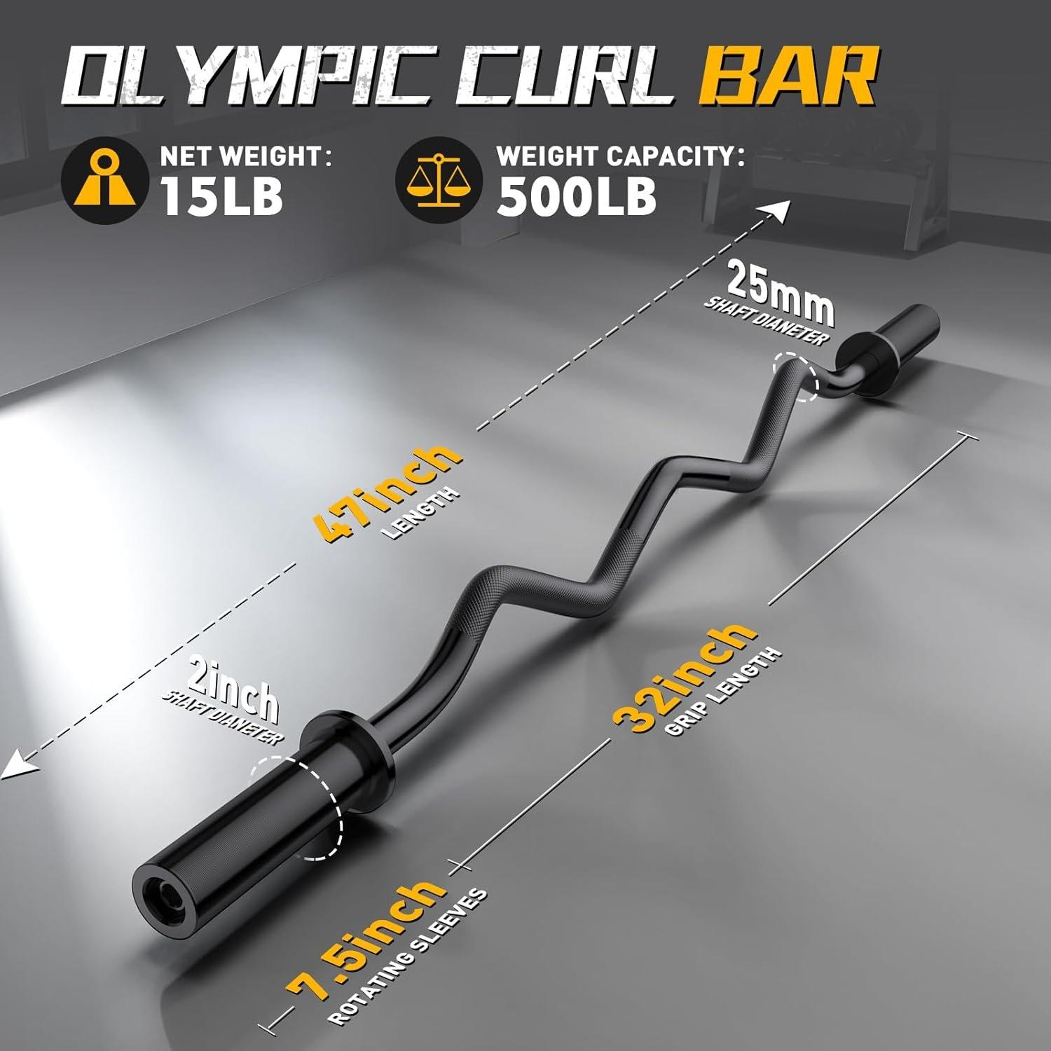 SUNDAY MIRTH Olympic EZ Curl Barbell Bar, " Curl Bar for Weight Lifting,  Gym Weight Bar- Strength ,Squat, Thrusts,Biceps, Chrome Curling for 2 Inch Plates -2 Spring Collars (Black)
