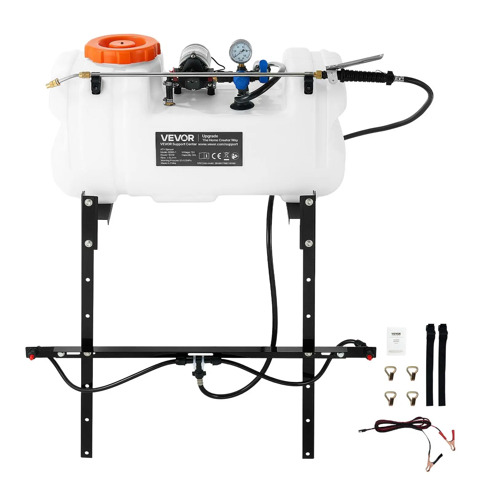 【toolupgrade】VEVOR 12V ATV/UTV Broadcast Sprayer with 15.9 Gal Capacity, 1.9 GPM Flow Rate, Adjustable Pressure, 0-72 PSI, Brass Nozzle, Boom, Water Tank, 20 ft Hose for Garden Weed Spraying, White