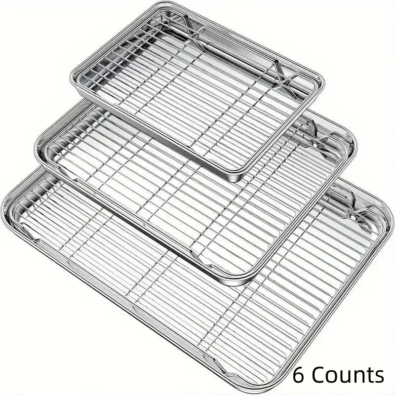 Stainless Steel Baking Sheet & Rack Set, 6 Counts/set Including 3 Versatile Oven Trays & 3 Cooling Racks, Easy To Clean, Food-safe Multipurpose Bakeware Kit, Baking Tools