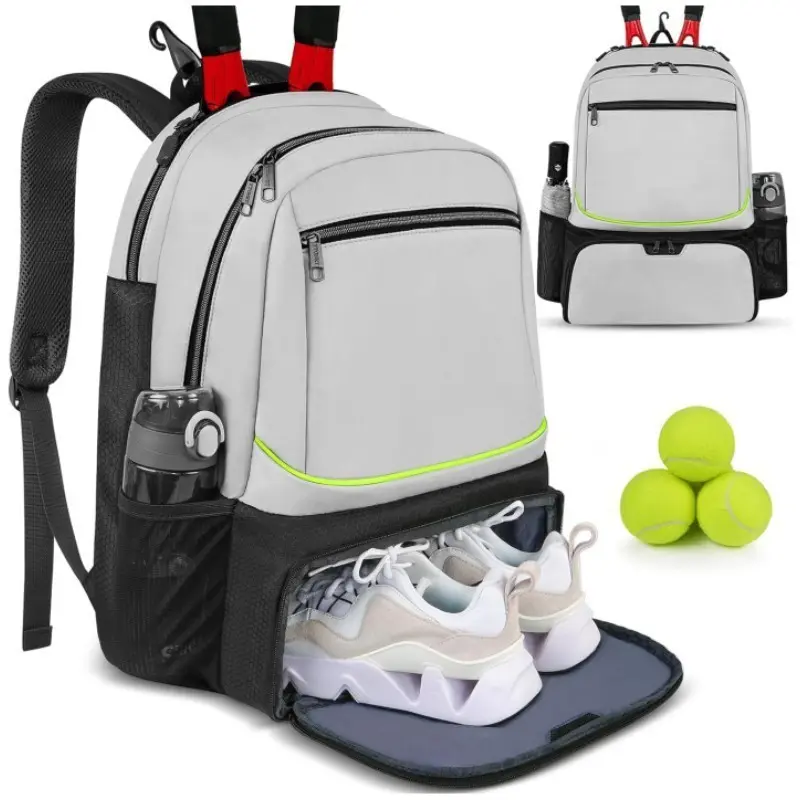 Large Capacity Tennis Sports Backpack, Holds 1-2 Rackets, Outdoor Badminton Bag with Separate Shoe Compartment, and Options