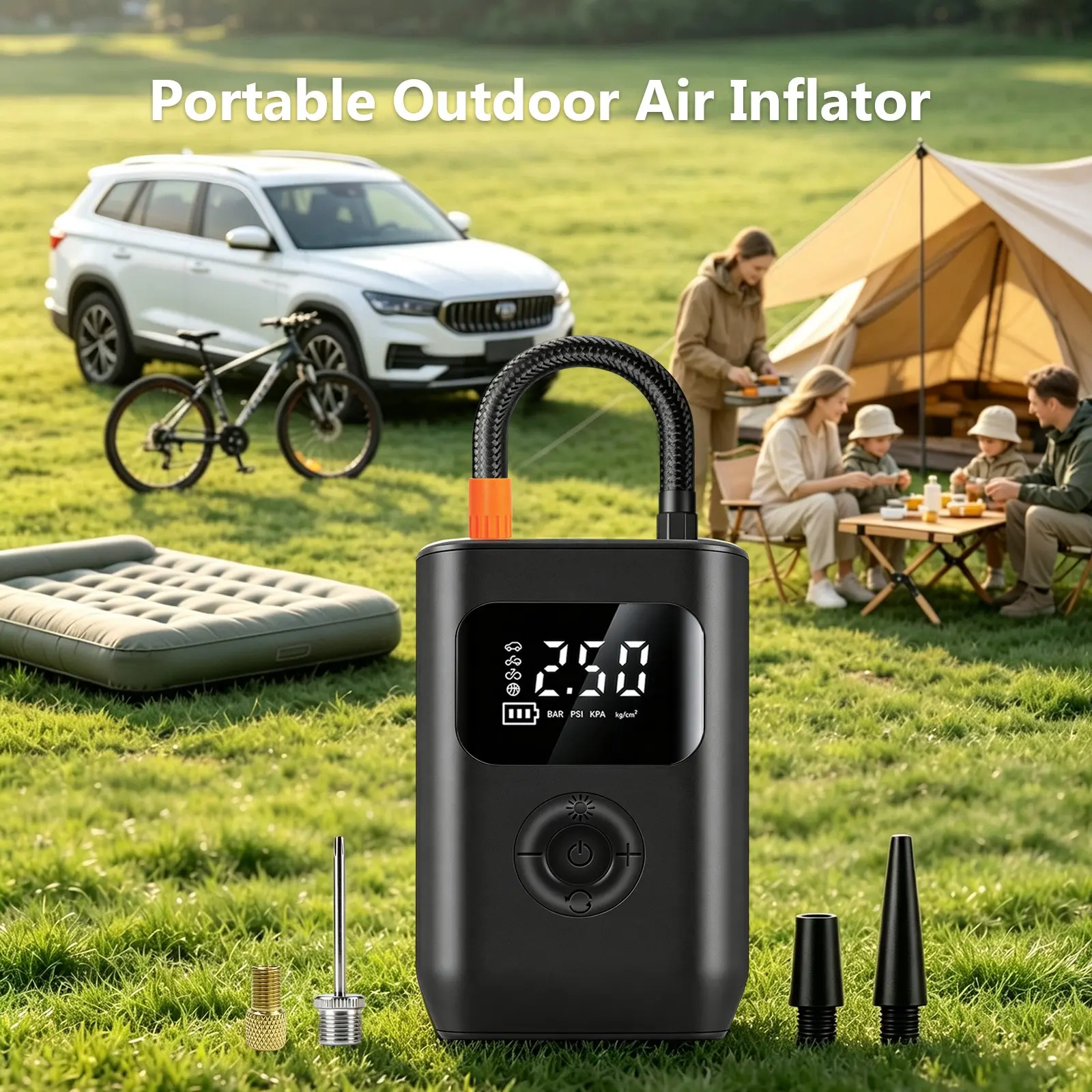 Tire Inflator Portable Air Compressor, Fast Cordless Air Pump With Digital Display , Multi-function Nozzle Adapter ,Rechargeable Battery For Car Motorcycle Bicycle Tire Ball, Auto Parts