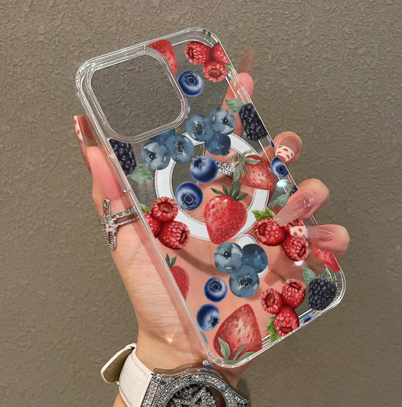 Magnetic Soft Case for iPhone11/12/13/14/15/16/17/prom, Blueberry Strawberry Fruit Collage MagSafe Compatible,Springtok Aesthetic Pattern Design Lightweight,y2k cased,AntiScratch,and Trendy Protector Screen Protector Resistance Cover Protection Shockproof