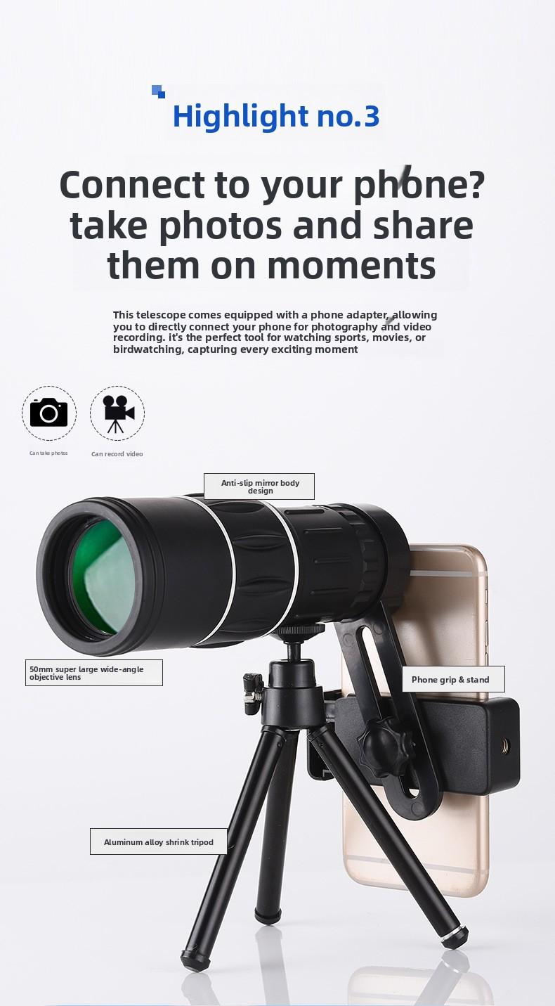 Outdoor Portable 16X52 Monocular Telescope High Magnification HD Low-Light Night Vision Mobile Phone Camera Telescope