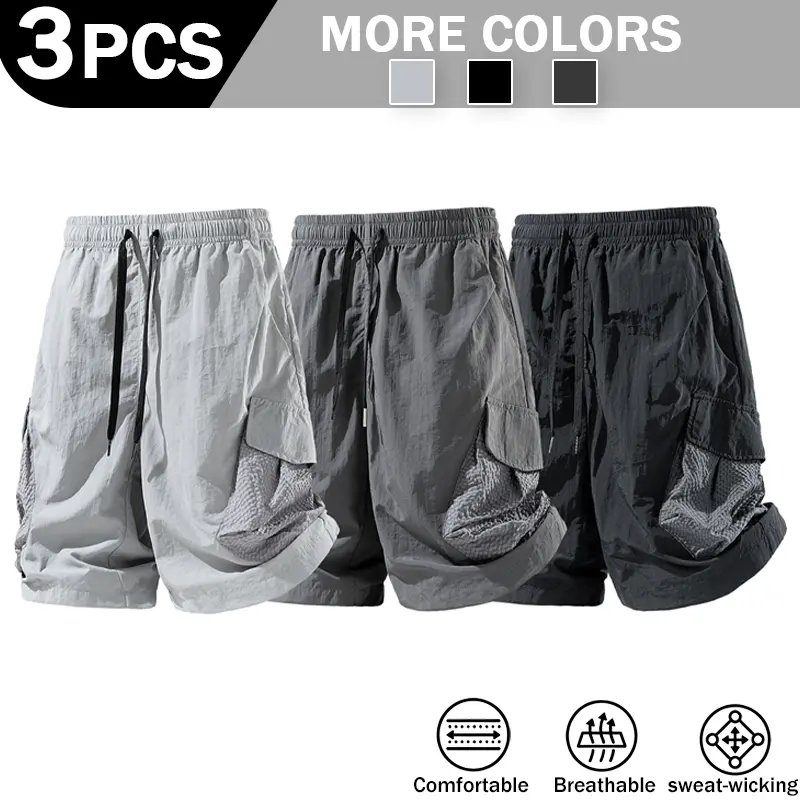 Multi Color Mens Mesh Spliced Cargo 5 Inch Shorts, Loose Fit Ripstop Shell Fabric Quick Dry Breathable Sweat Wicking Bottoms for Teen & Adult Outdoor Activities
