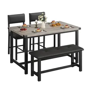 Compact Dining Table Set for 4 – Industrial Style Table with Upholstered Bench & 2 Chairs – Sturdy Metal & Wood – Space-Saving Solution for Apartments or Small Spaces, Grey/Brown/Black/White