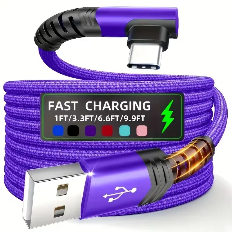 Type-C Fast Charger with 90 Degree USB to USB-C Cable, Durable Braided Copper Aluminum Wire, 30w Output for Samsung Huawei Xiaomi Oppo Oneplus, Wide Compatibility