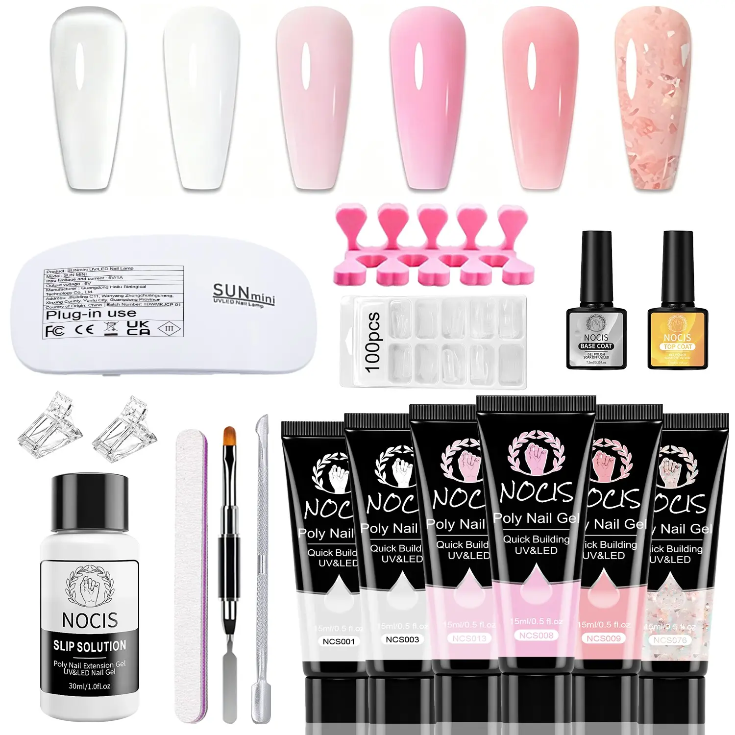 Nocis 6 Color Gel Nail Extension Kit, Soft Nude Series, 15g Each, Includes Mini UV Lamp, Base Coat, Top Coat, Tools, DIY Manicure Set, Nail Art