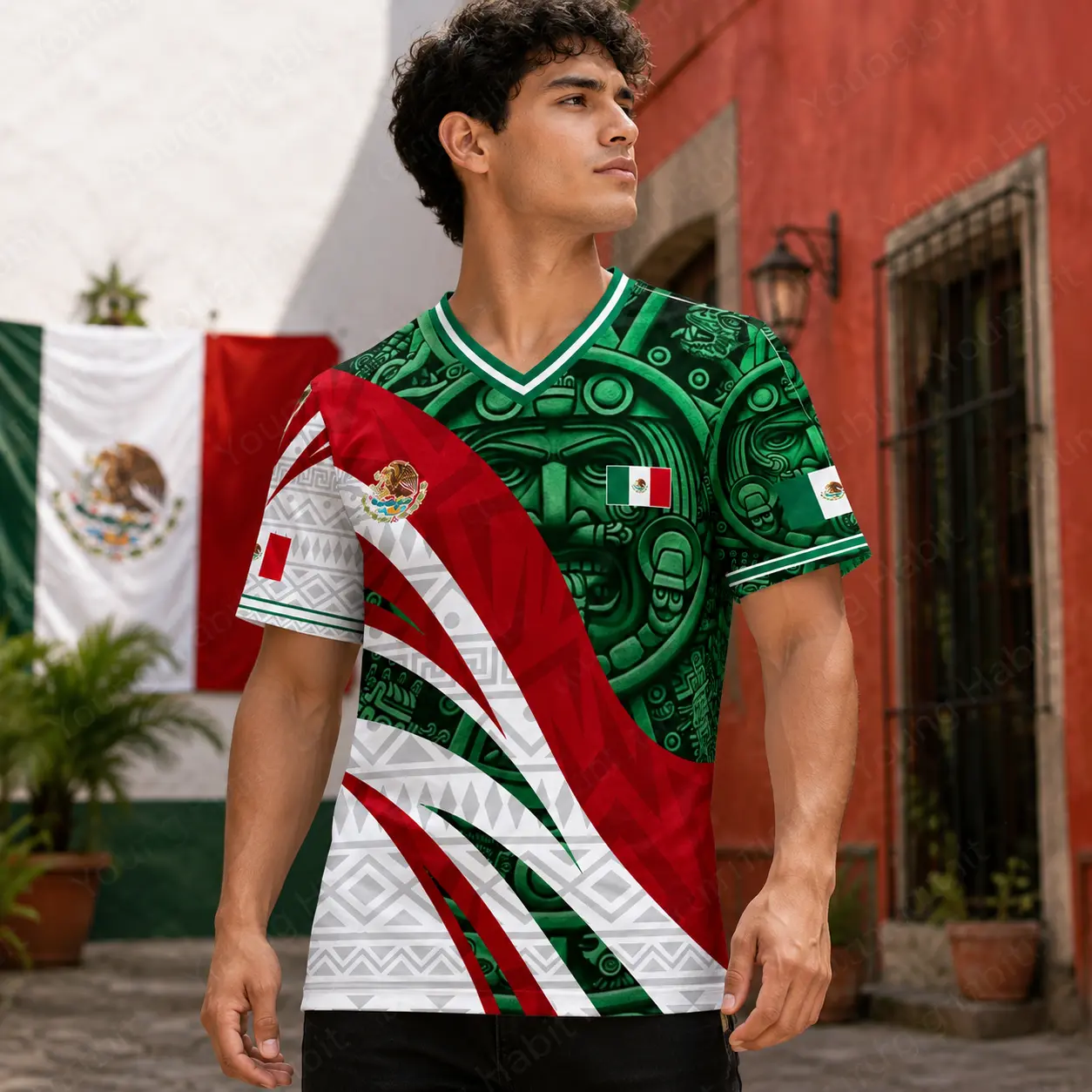 Mexico V-Neck Soccer Jersey for Men Women, Aztec Pattern Graphic Tee with Eagle Emblem, Patriotic Cinco de Mayo Fan Shirt, Mexico Jersey, Soccer Jerseys