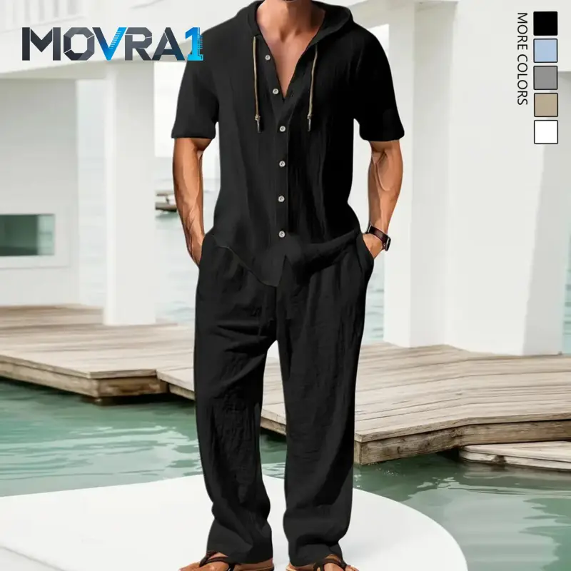 MOVRA1 Men's 2-Piece Linen Blend Clothing Set - Loose-Fitting Short-Sleeve Hooded Button-Down Shirt & Plain Pants, Minimalist Casual Beach Menswear