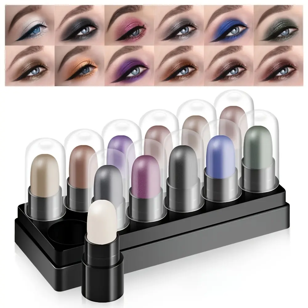 12-Color Eyeshadow Set - Waterproof and Sweatproof Shiny Palette, Multi-Color with Pearlescent Polarizing Effect, - Colorful Glitter for Day and Night Use, Beginner Friendly Stick Formula